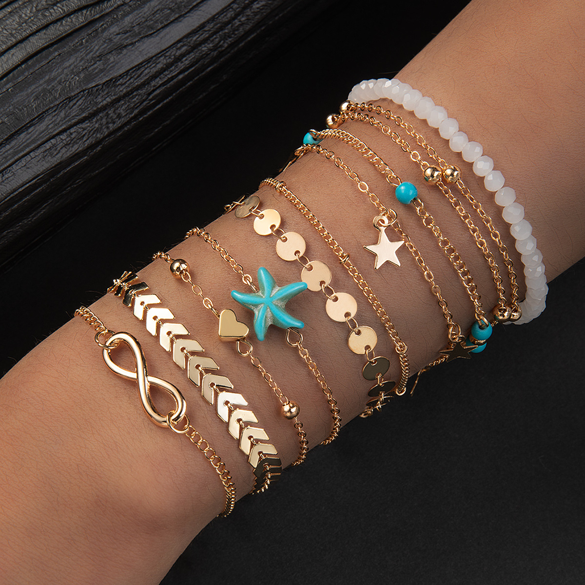 跨境时尚个性风松石海星星星爱心8字无限循环女式手链10件套