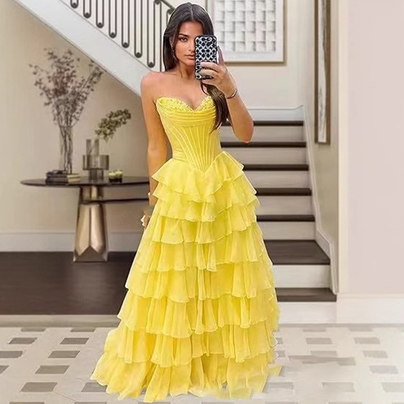Amazon European and American Style Strapless Cake Tutu Dress Ball Gown Long Dress French Slim-Fit Strapless Evening Dress