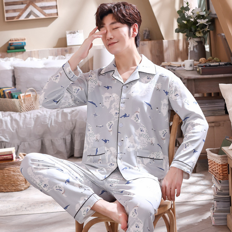 Pijamas de los hombres de manga larga de algodón de primavera y otoño delgada más el tamaño de prendas de vestir exteriores de los hombres pijamas de invierno homewear