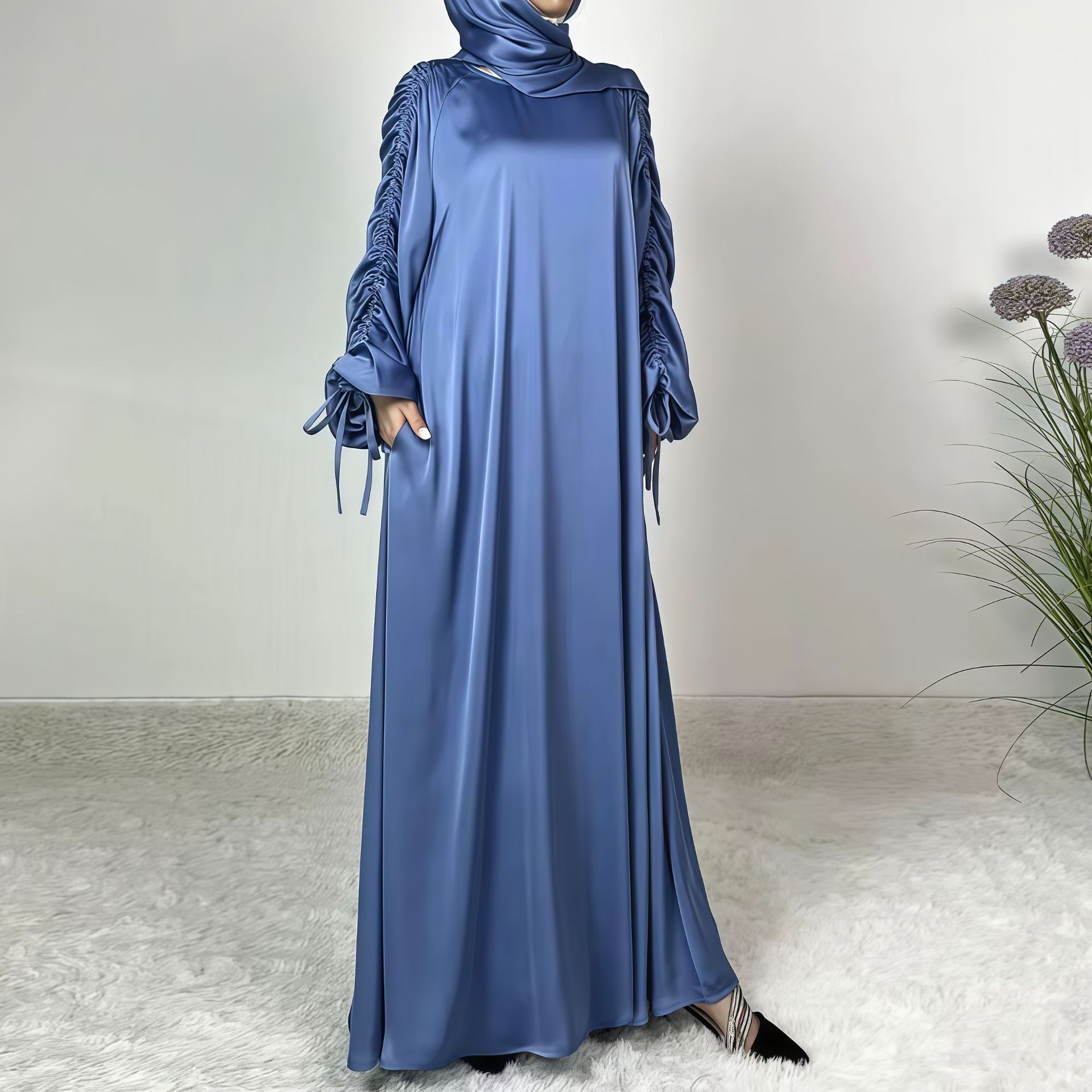 Robe abaya modeste et ensemble foulard avec plis à cordon et manches lanternes._voghion.com