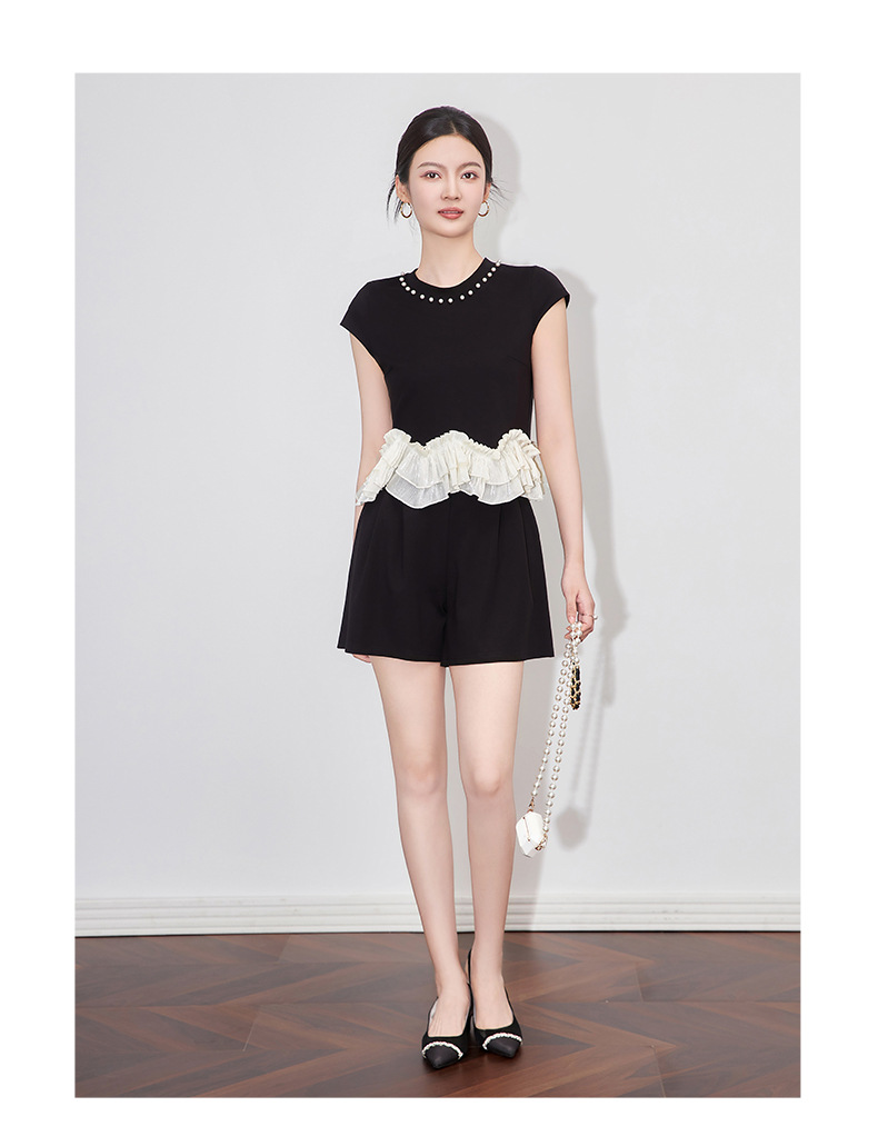 Bộ áo cổ tròn đính cườm phối tay bèo + quần short nữ mùa hè — Màu đen chi tiết 7