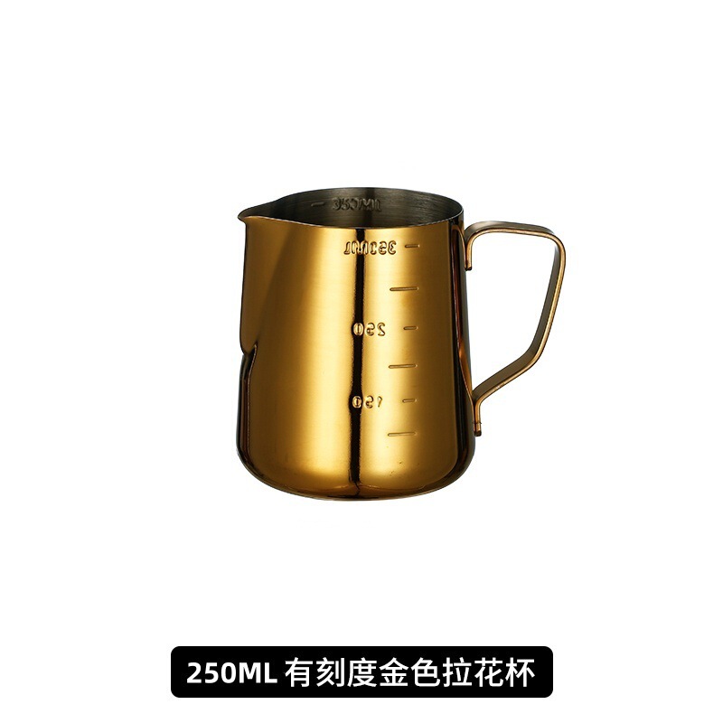 日本製304ステンレス鋼目盛り付きハンドル付き尖った口のラテアートカップ、コーヒー専用ミルク泡立て器、ミルクフォームカップ、ラテアートカップ|undefined