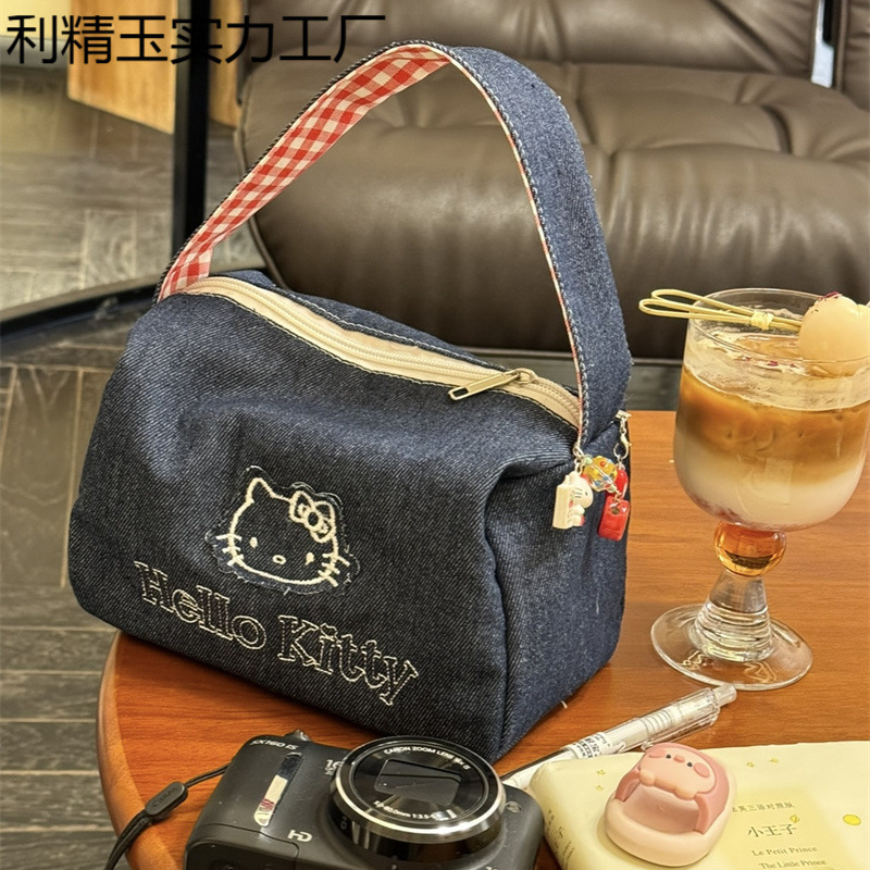 かわいいキティデニムレトロハンドバッグイン高価値大容量ポータブルハンドバッグ女性の化粧品バッグ|undefined