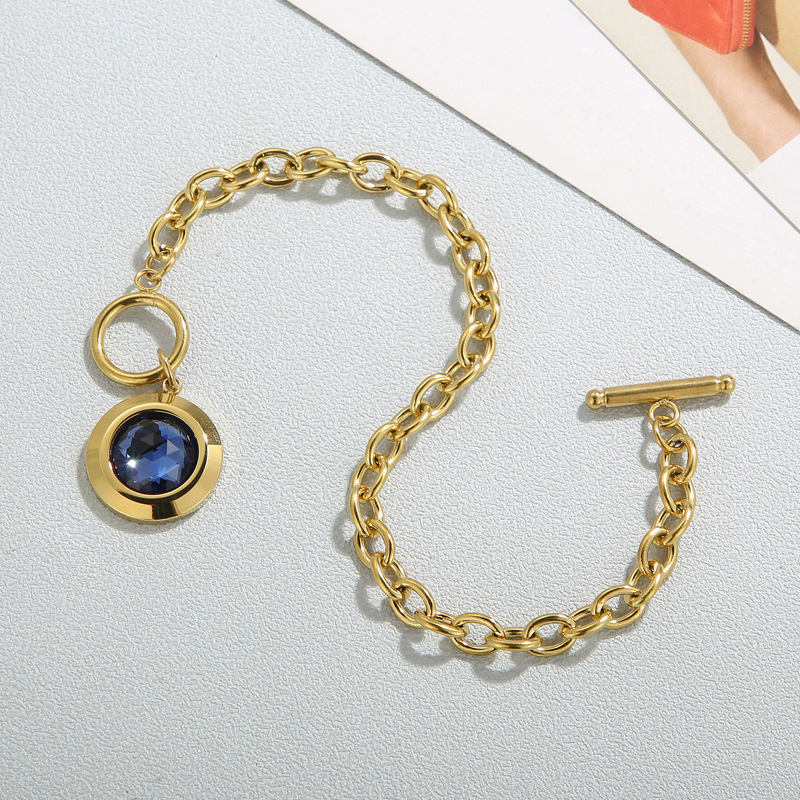 18g Weight PVD Coated Gold Plating Process Fashion Round Titanium Steel Plating Inlay Glass Bracelets 1 Piece
