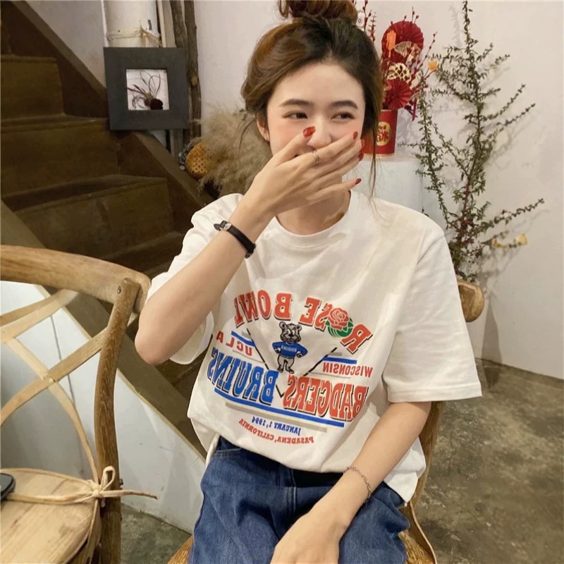 Hong Kong Style Summer White Pure Cotton Short-Sleeve T-Shirt for Women, Round Neck, Loose Fit, Plus Size, Unique Design, Trendy American Style