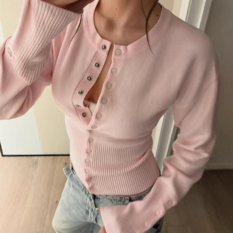 European and American Autumn and Winter New French Classic Elegant Design Hidden Button Round Neck Casual Knitted Cardigan Top Sweater