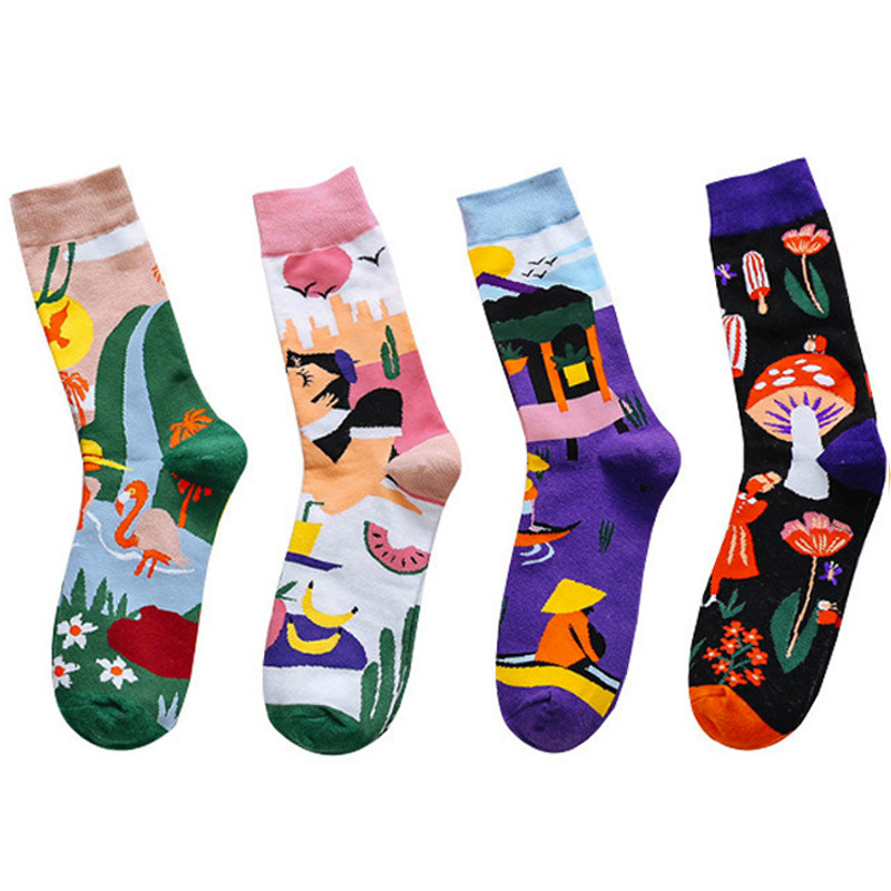Cross-Border Hot Model---Spring New Street Trendy Socks Oil Painting European and American Harajuku Korean Mid-Calf Socks Creative Ins Trend