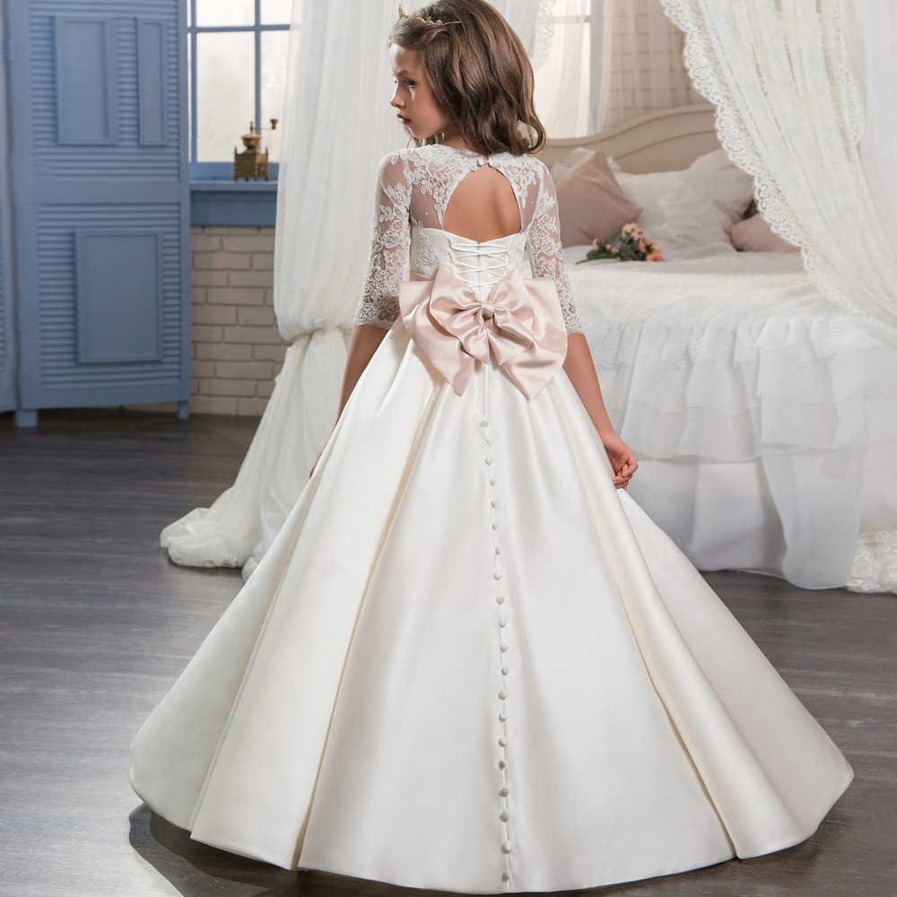 Nueva frontera europea y americana retro satén flor niña vestido de novia diamante encaje arco encaje largo pettiskirt