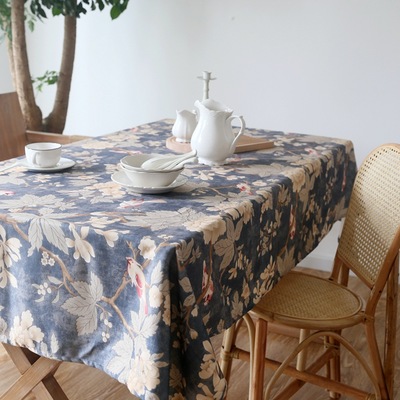 ins布艺轻奢咖啡餐厅桌布蓝色印花家用加大方形茶几盖布台布桌巾