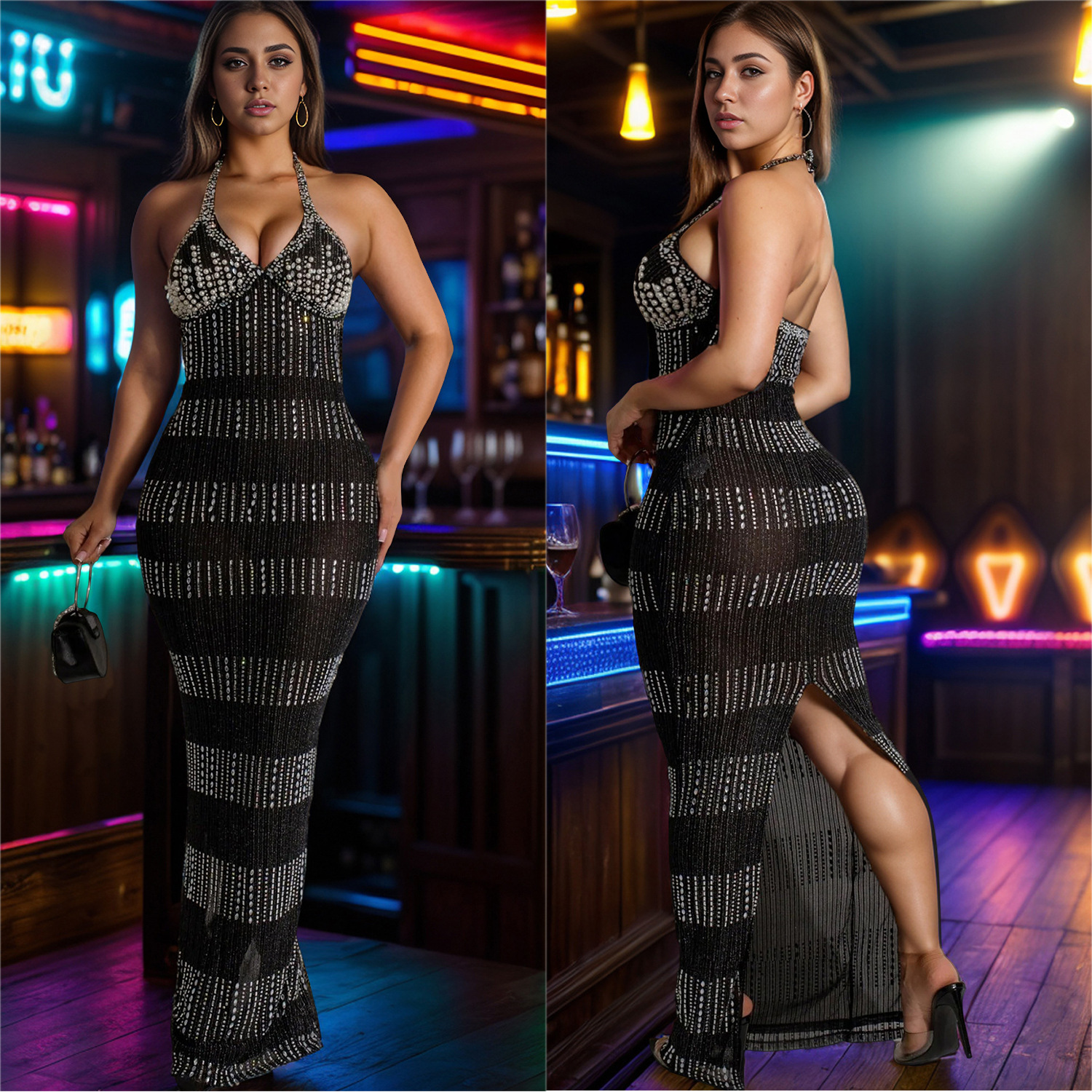 C7075 Aliexpress transfronterizo Amazon estación independiente de moda europea y americana ropa de mujer de encaje caliente profundo vestido sin mangas en V image 4
