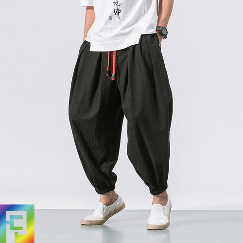 Summer New Men's Linen Lantern Pants Loose Cotton-Linen Tied-Ankle Pants Plus Size Trendy Wide Leg Pants Harem Ankle Pants