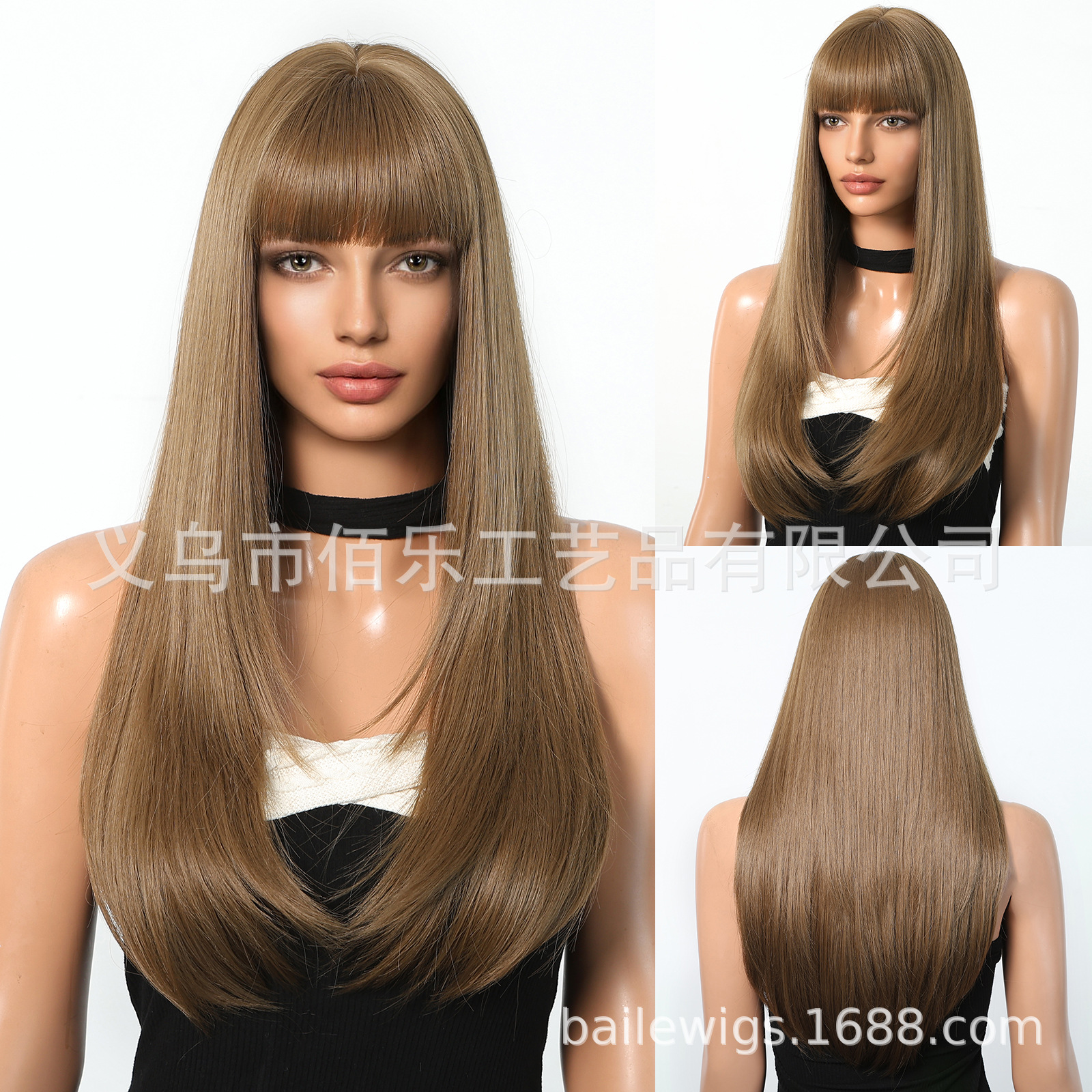 Honey tea marrón pelucca negra, cabello recto largo, seda natural realista de alta temperatura, cabello completo al por mayor en stock