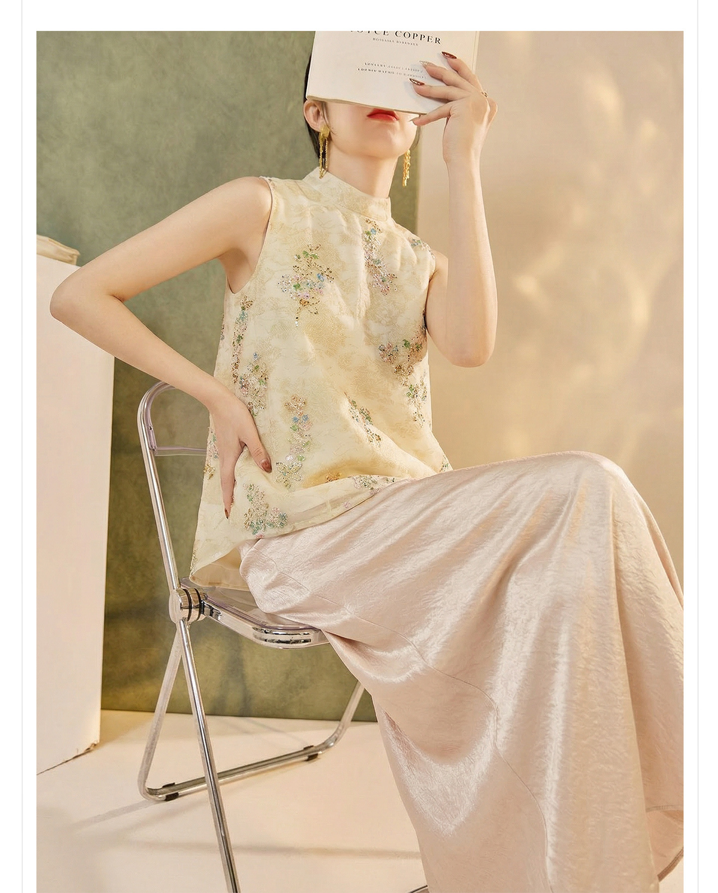 Bộ áo vest không tay lưới thêu đính cườm phong cách Tân Trung Hoa kèm chân váy nửa kín ZX P0337 — bộ đồ, Champagne màu nửa váy, Áo khoác màu mơ chi tiết 4