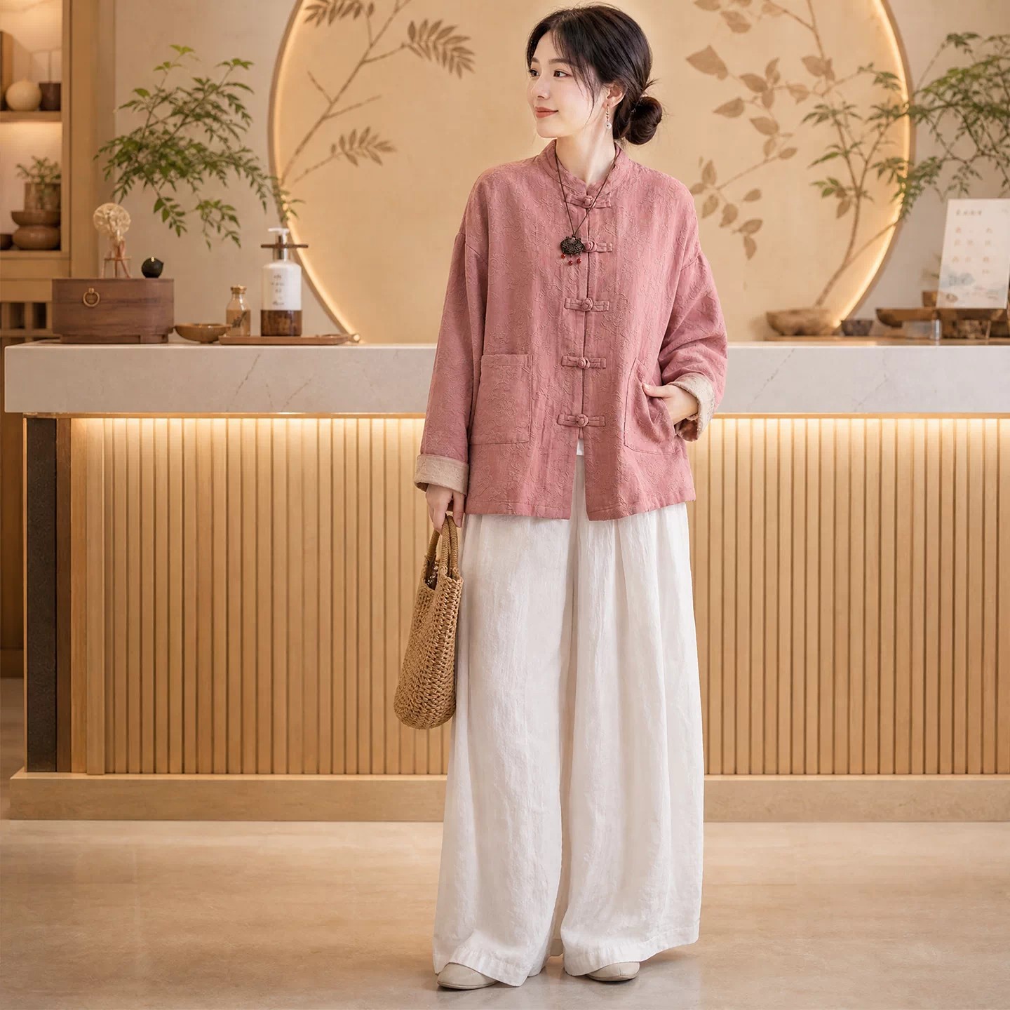 New Chinese-style autumn and winter cotton and linen Tang suit for head therapy and wellness centers, traditional Chinese medicine therapy, moxibustion, and ear cleaning services