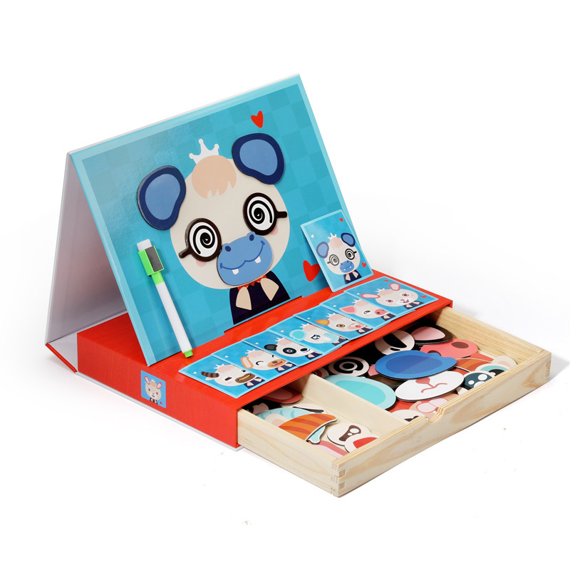 Rompecabezas de expresión animal magnético de madera para niños rompecabezas de doble cara bebé educación temprana Ilustración juguete ensamblado