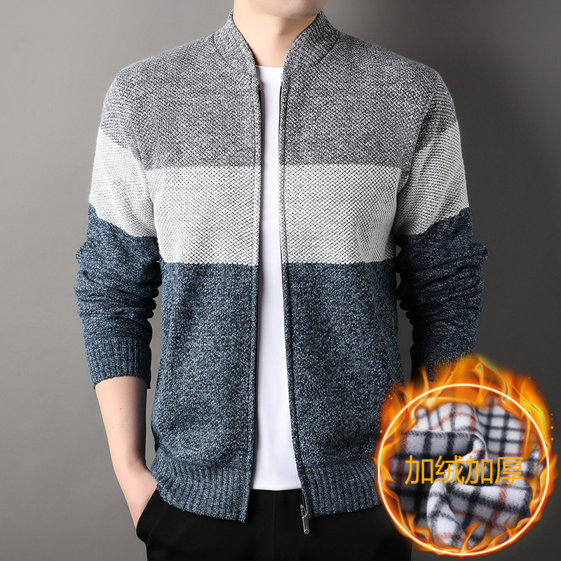 外贸秋季夹克撞色拼接潮流毛线衣男士开衫外套加绒加厚立领毛衣男