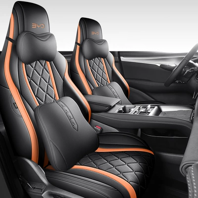 Modelə uyğun (Original) oturacaq örtükləri flight version BYD sea lion - black-orange-deluxe-edition-special-for-sea-lion-07ev-full-front-row-half-package-in-the-back-row