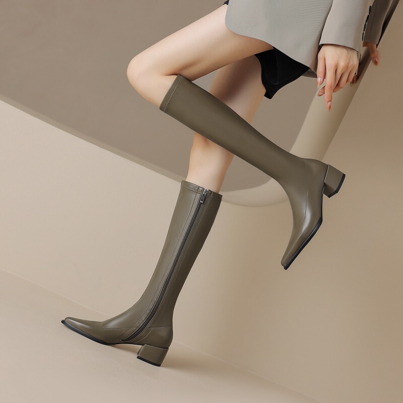 2024 Autumn and Winter Soft Leather Thick Heel Elastic Boots Fleece-Lined High Heels Knee-High Boots Comfortable Slimming Look High Boots for Women