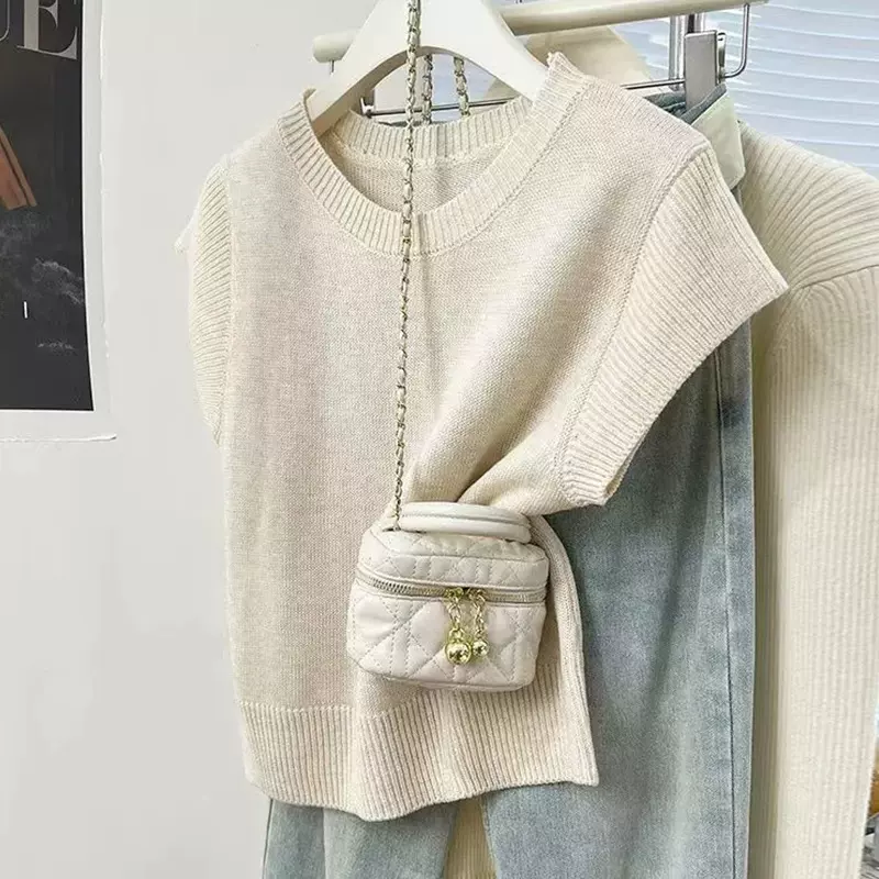 灰蓝色正肩无袖针织衫女短袖春夏季设计感小众坎肩小飞袖t恤上衣