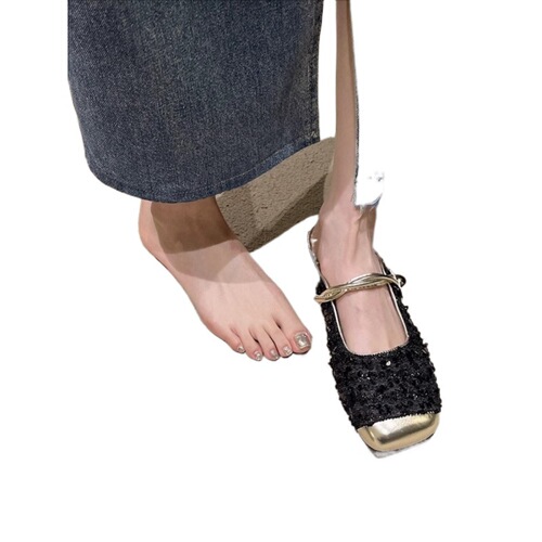 Flat Heel Closed Toe Mary Jane Sandals Women's Sequin Lazy Casual Sandals Matching Skirt Half Slippers