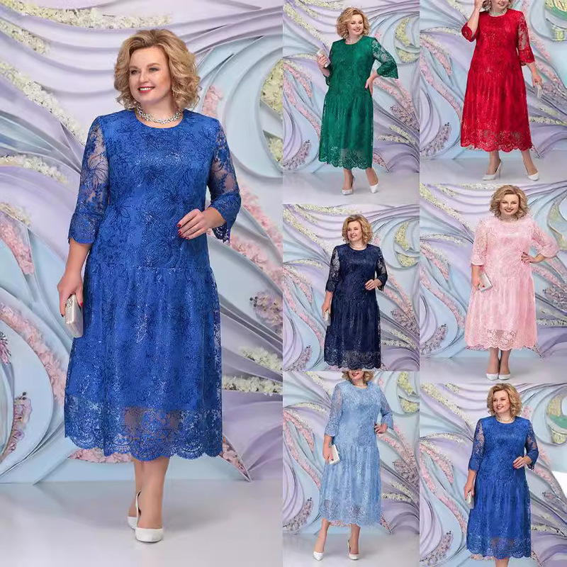 Large Size European and American New Style Dress Large Size Women's Evening Dress Heavy Lace Embroidered Cocktail Dress Set