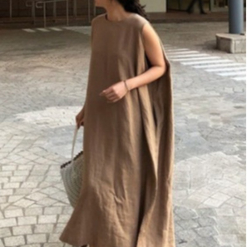 韩国春夏新款女装圆领无袖洋气侧面大皱褶口袋连衣裙