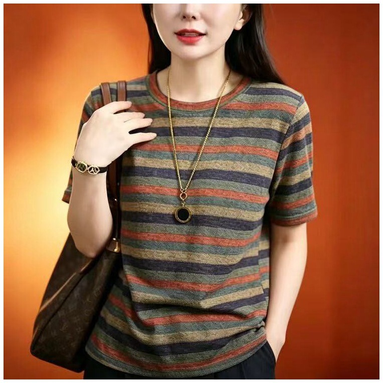 Dropshipping 2026 Summer New Fashion Striped Slim-Fit Women's T-Shirt Short-Sleeve Stretchy Base Shirt for Women Dropshipping 2026 Summer New Fashion Striped Slim-Fit Women's T-Shirt Short-Sleeve Stretchy Base Shirt for Women