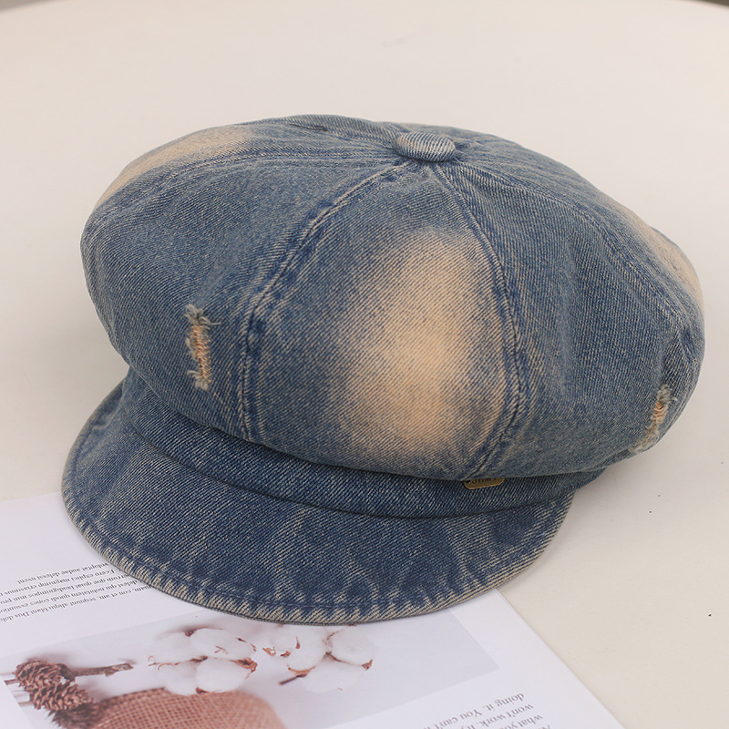 Nuevo agujero coreano viejo vaquero boina boca de pato niño cara pequeña sombrero de octogono sombrero de artista de moda retro