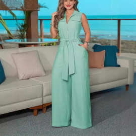 2024新款 外贸欧美清新气质休闲女士衬衫领拉链绑带阔腿连体裤