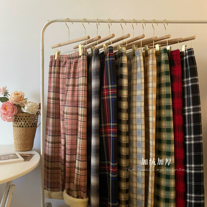 Клетчатые брюки женские 2023 осенью и зимой плюшевые толстые и высокие талии