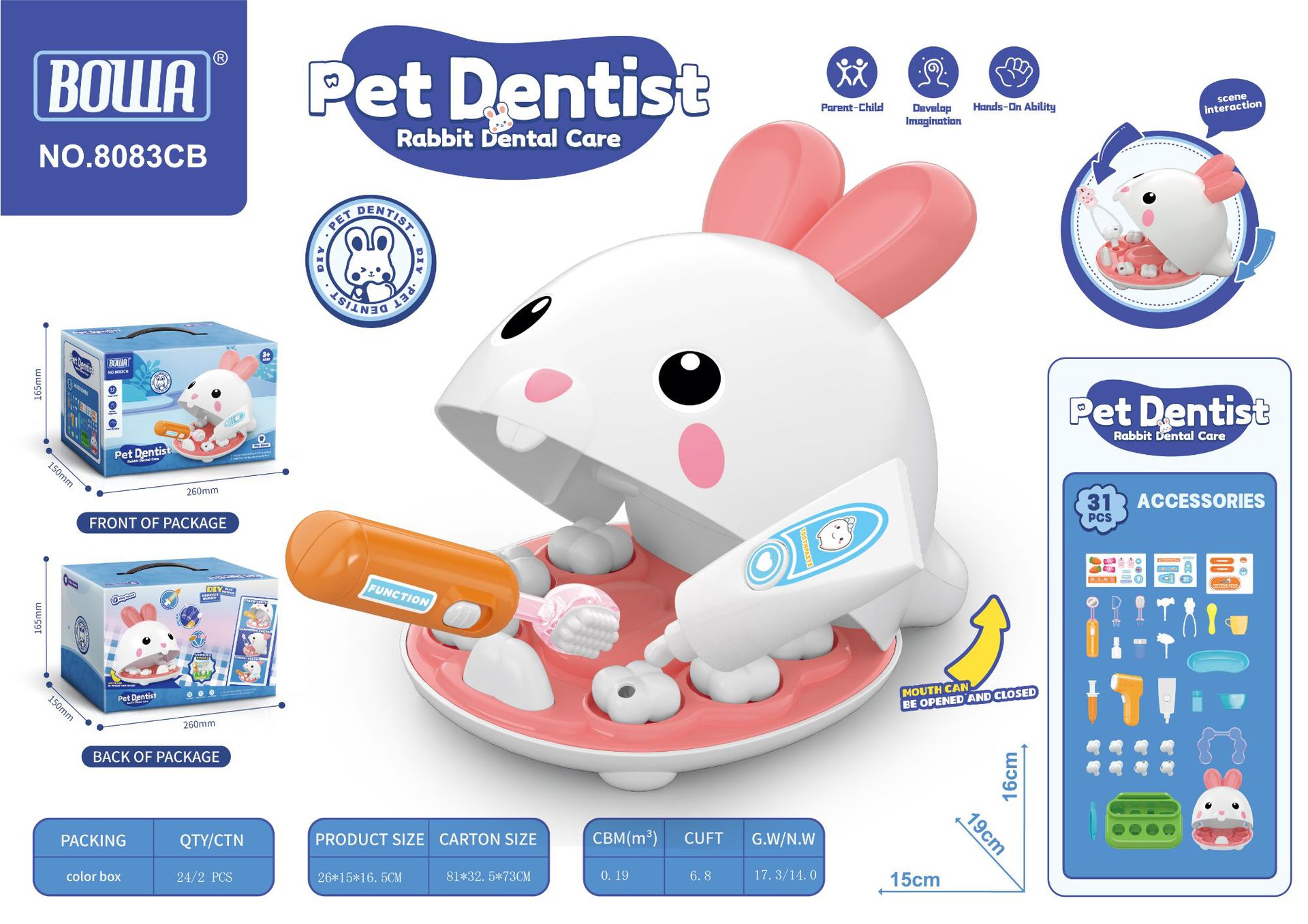 Comercio exterior de los niños simulación mascota conejo dentista cuidado diente traje DIY maquillaje gato alcancía jugar casa Juguetes