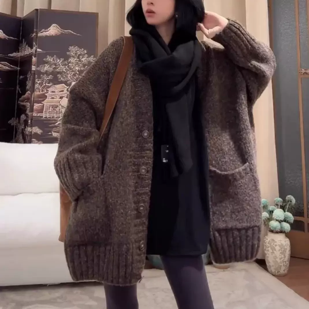 欧洲站复古风宽松慵懒毛衣外套女装秋冬新款加厚大码针织开衫上衣