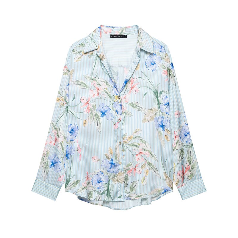 Myst&Za New Summer Product Cross-Border Women's Clothing Simple and Fashionable Long-Sleeved Lapel Floral Print Shirt 3564119