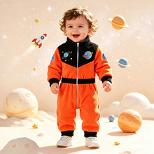婴幼儿宇航员摇粒绒连体爬服 星球太空刺绣图案，立领前开拉链