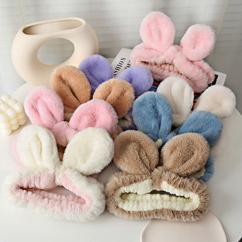 兔毛拼色蝴蝶结发带女网红洗脸化妆毛绒兔耳朵束发带秋冬新款发箍