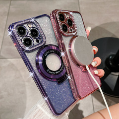 Applicable for iPhone 15 Pro Max Phone Case Electroplated Water Diamond Magnetic Absorbing Stand Apple 14 Glitter TPU Protective Cover