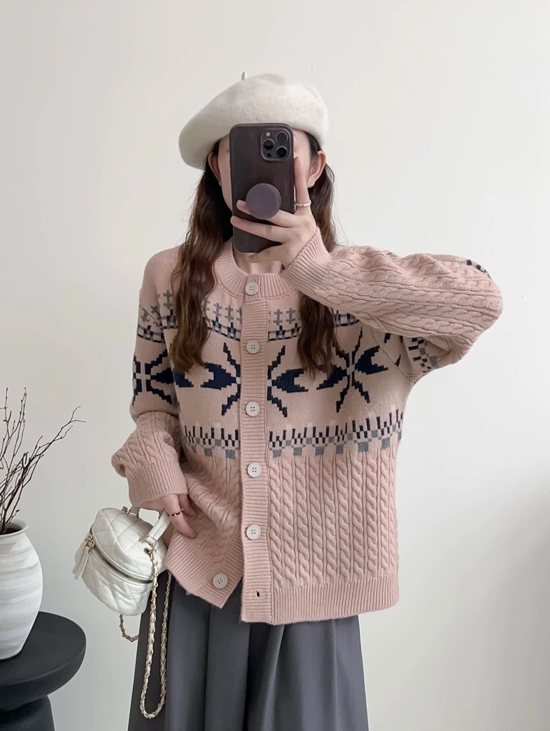 Jacquard torcido camisa de cuello redondo de punto Cardigan mujeres 2025 otoño y invierno nuevo estilo coreano suéter suelto abrigo image 9