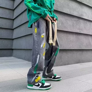 欧美hiphop炸街裤子高街ins潮直筒宽松休闲泼墨秋冬季牛仔裤男生