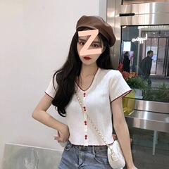 夏季新款V领短袖白色显瘦T恤短款针织衫修身洋气小个子短款上衣女