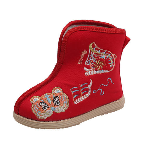 Boy black red hanfu shoes warrior prince cosplay embroidered Chinese ancient emperor costume short boots antique show children  party cosplay cloth boots shoes