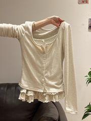 杏色开衫蕾丝波点荷叶边长袖背心吊带女内搭早秋新款两件套装