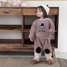 儿童冬季加绒条纹套装韩版童装女童圣诞卫衣加厚套装婴儿宝宝冬装