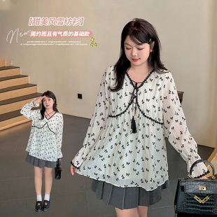 Inno Plus Size Women's Lace-Up Sweet Chiffon Shirt Autum New Bow Print Top 311548
