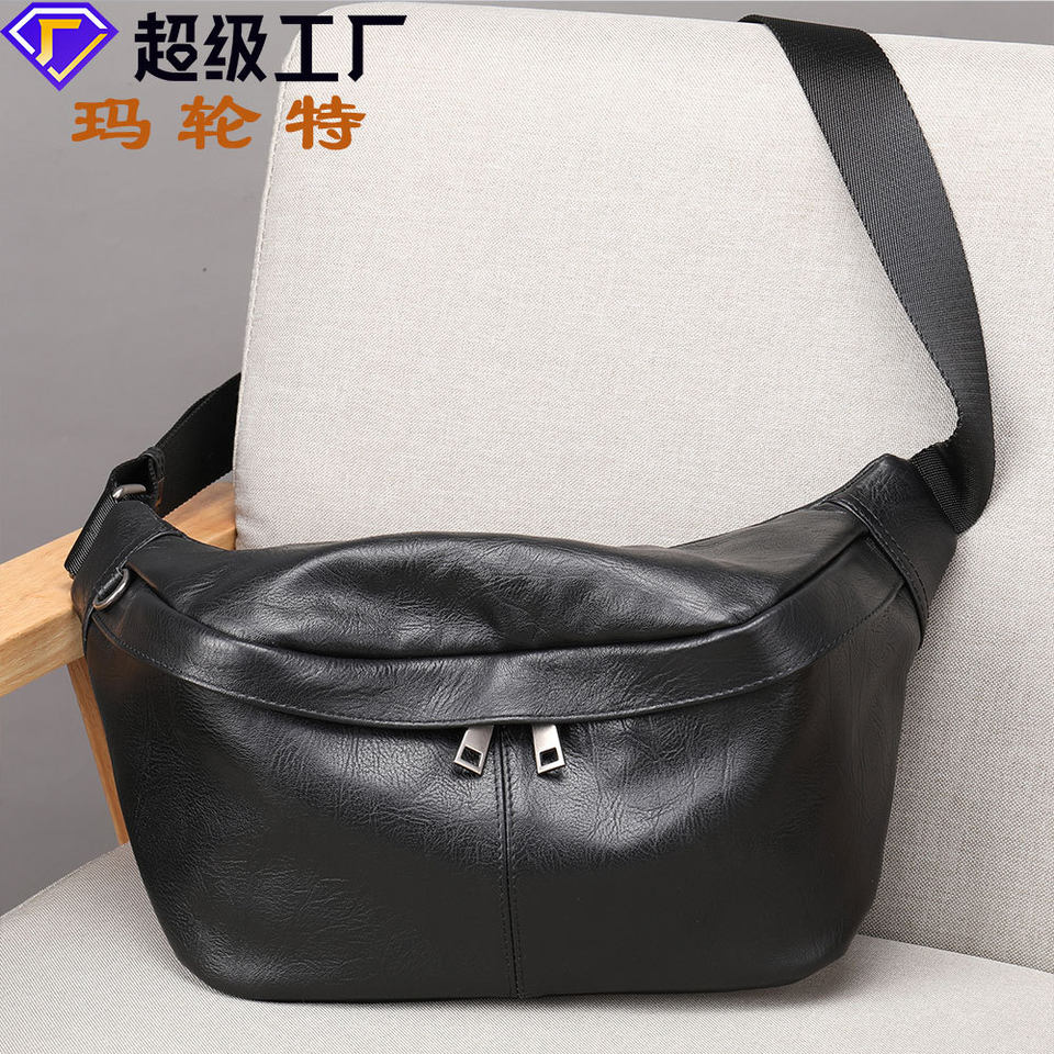 Túi đeo ngực nam da bò lớp đầu thời trang, túi thắt lưng da dung tích lớn chống mài mòn, 26×19×18 cm — Màu cà phê, Màu đen