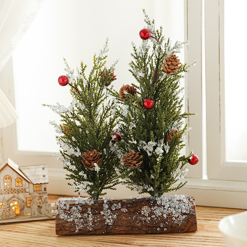 Mesa con nieve árbol de Navidad doble árbol estaca inferior imitación pinos cedro aguja mini decoración de árbol de Navidad