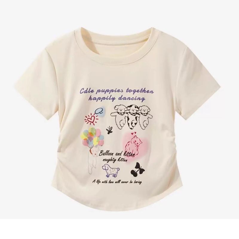 2026 Summer New Arrival Versatile Slim Waist American Fashion Petite Short-Sleeve T-Shirt Women's Clothing Pleated Slim Waist Top