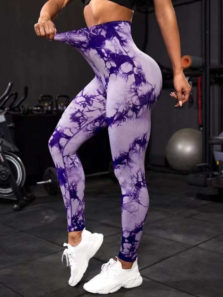 Versión gruesa talla S 200g + sin costuras pantalones de yoga de la aptitud de las mujeres Pantalones deportivos tie-dyed tie-float Hip-lifting pantalones Leggings
