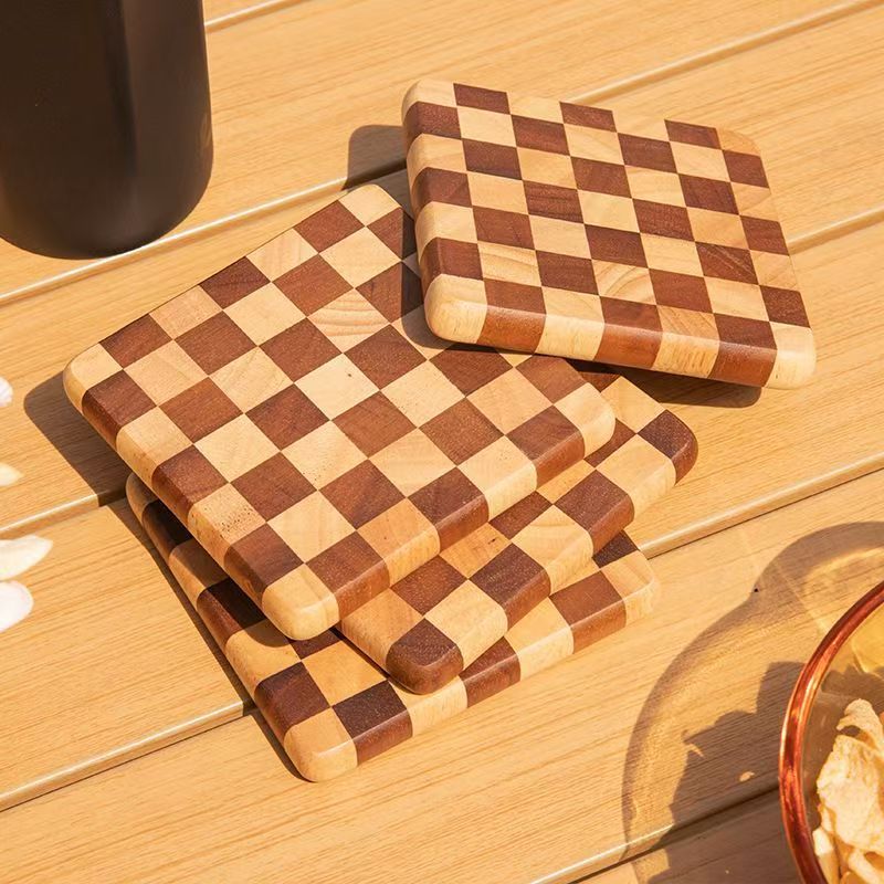 Solid Wood Checkerboard Household Anti-Scalding Tea Coaster Sharing Pot Mat Coffee Tea Set Non-Slip Heat Insulation Original Retro Ins