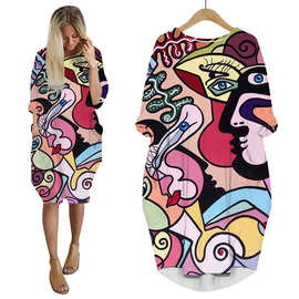 厂家直销3D数码印花长袖连衣裙波尼利西亚风格休闲女装跨境热销