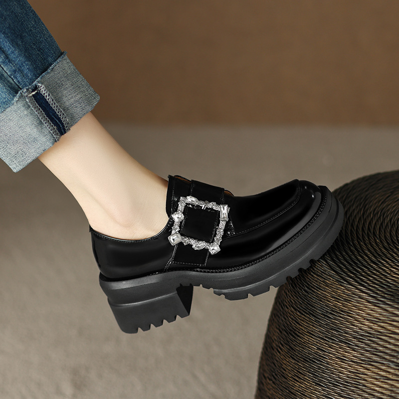 清仓春新款真皮厚底黑色英伦风小皮鞋女粗跟松糕底皮带扣懒人单鞋